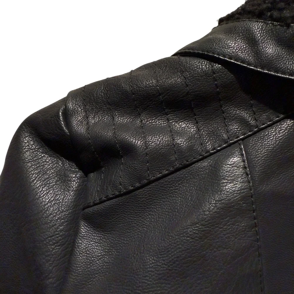 Baccini Black Faux Leather Moto Jacket Cropped Sherpa Collar Asym‎ Zip Womens S